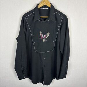 Vintage MWG Canada Western Bib Front Snap Shirt Eagle Embroidery XL Black